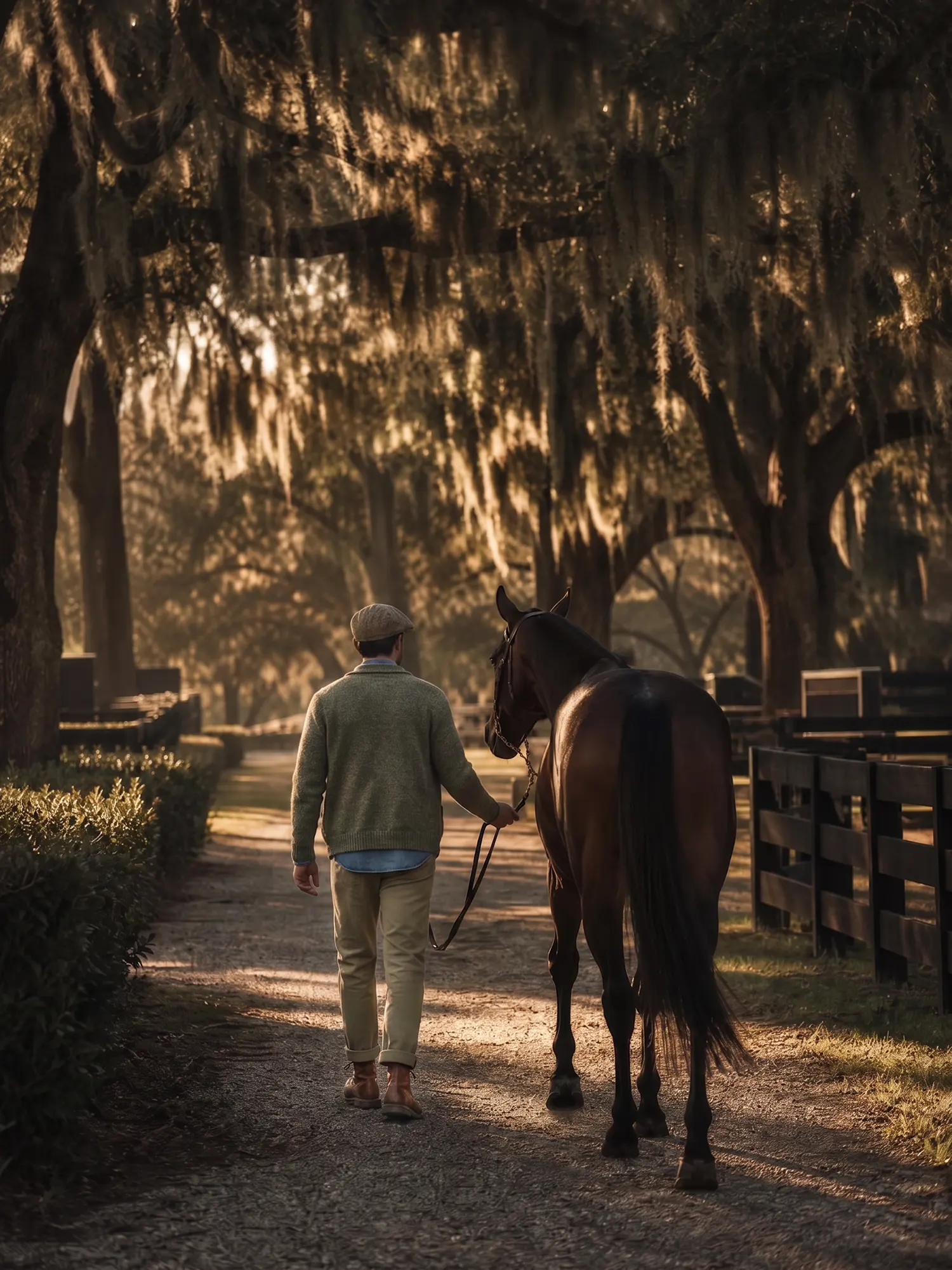A rider leading a horse through a stable aisle