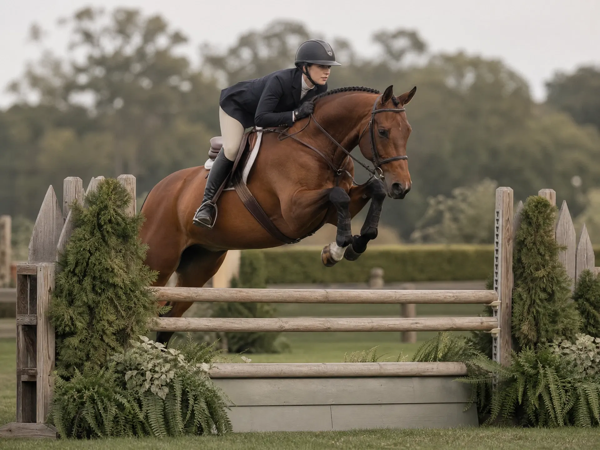A horse and rider clearing a show jump