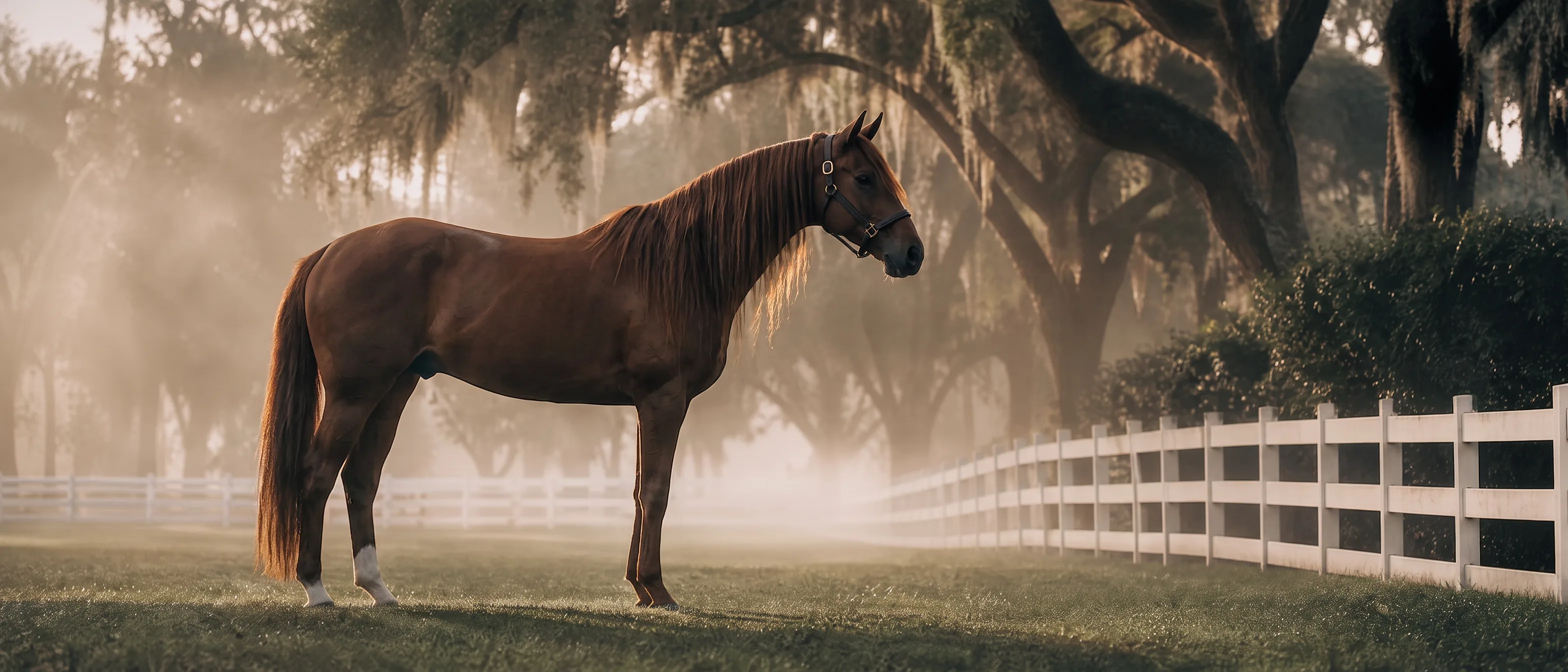 A Thoroughbred horse standing in a misty, sunlit pasture beneath oak trees beside a white wooden fence